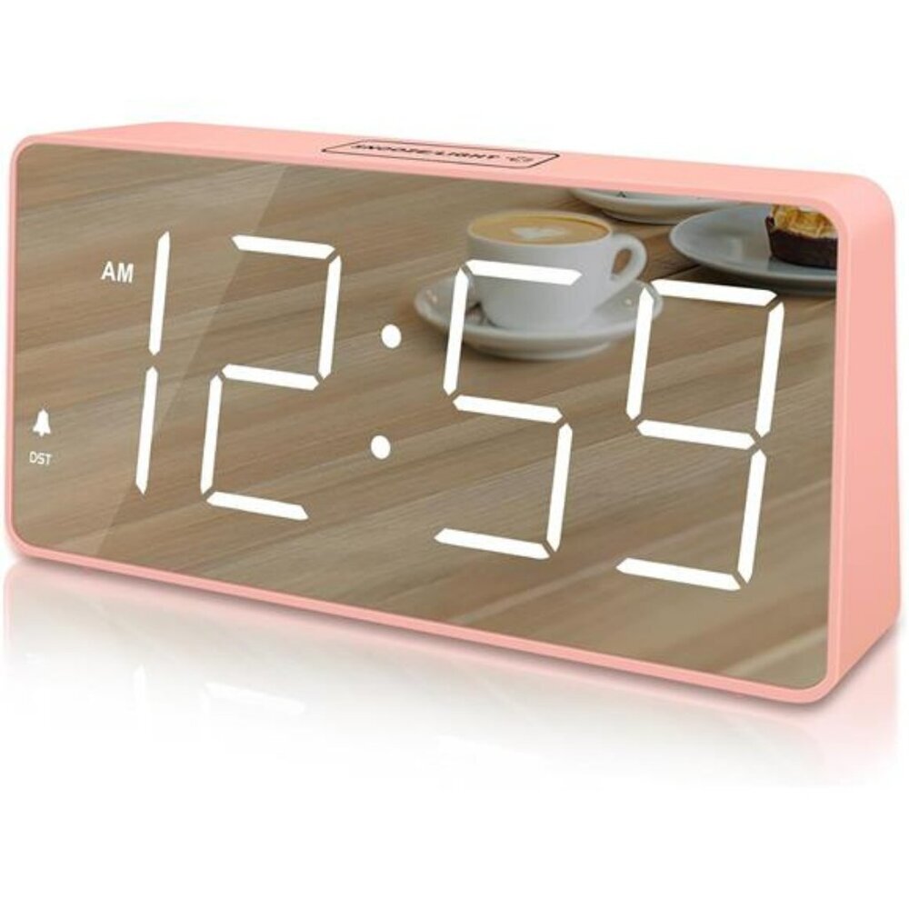 Peakeep Pink Digital Alarm Clock Loud Mirror Display Battery Backup Seniors